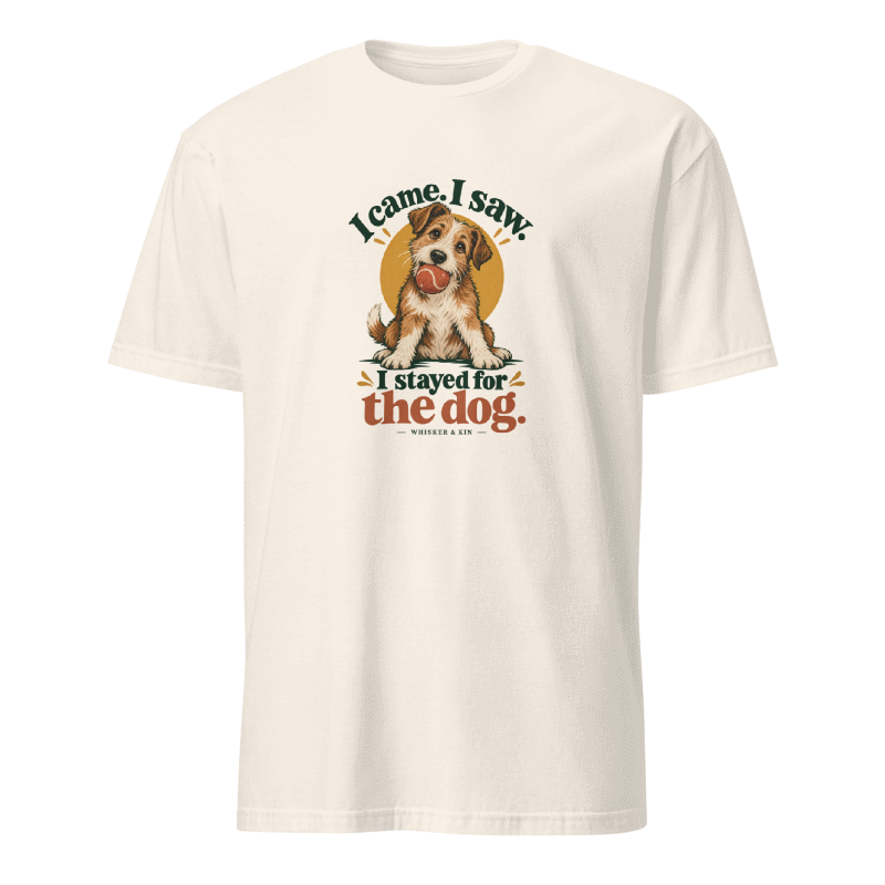 I Stayed for the Dog Tee on Natural Gildan 64000 T-shirt, front DTG print
