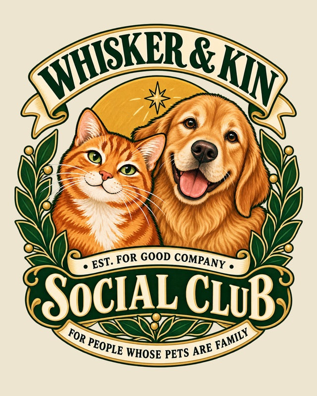 Whisker &amp; Kin Social Club illustration of an orange tabby and a golden dog, framed by green leaves and golden lettering.