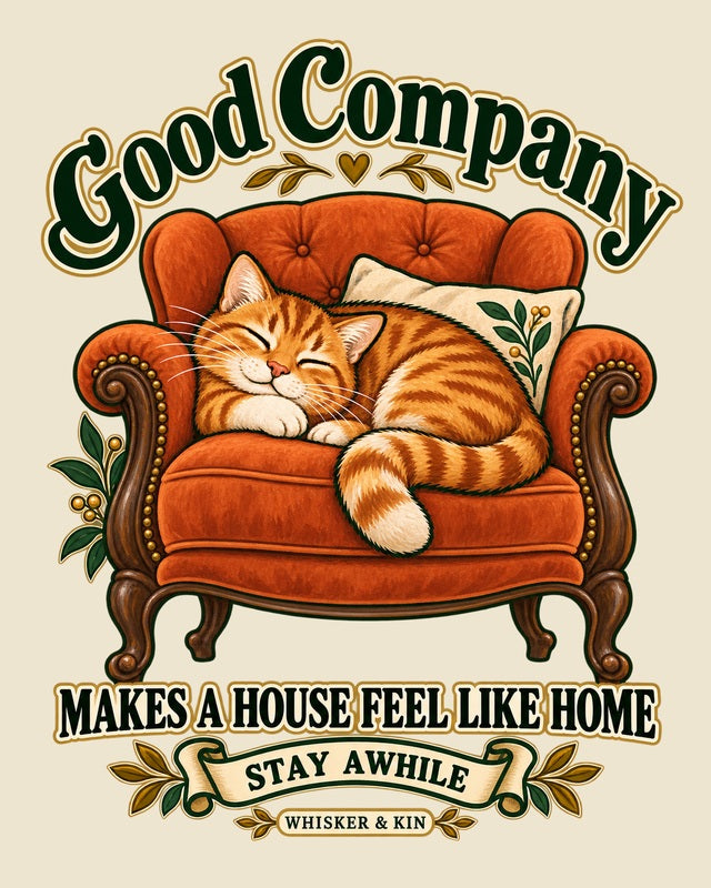 An orange tabby curled up in a rust-colored armchair. Good company makes a house feel like home.