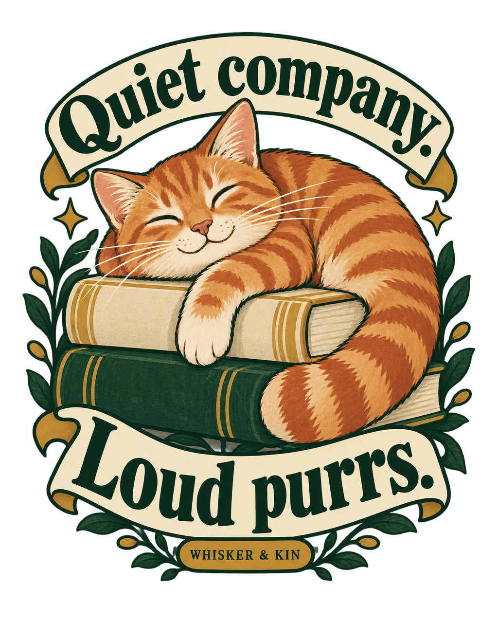 Quiet Company, Loud Purrs print artwork detail; digital design preview, not a photo of the finished shirt