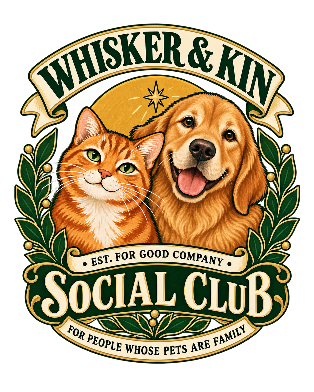Whisker & Kin Social Club print artwork detail; digital design preview, not a photo of the finished shirt