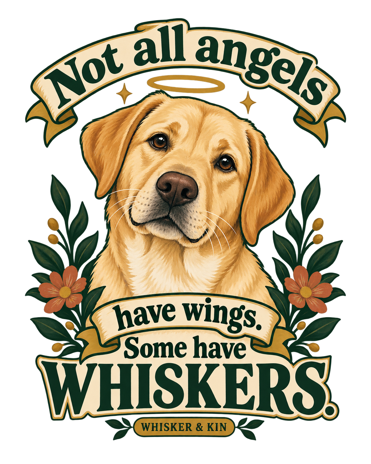 Yellow Labrador Angels print artwork detail; digital design preview, not a photo of the finished shirt